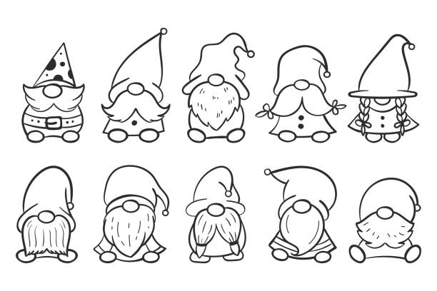 illustrazioni stock, clip art, cartoni animati e icone di tendenza di line art christmas gnomes design per colorare libro isolato su sfondo bianco - gnomo