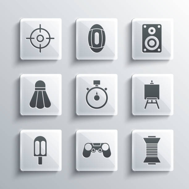 stockillustraties, clipart, cartoons en iconen met set gamepad, sewing thread on spool, easel or painting art boards, stopwatch, ice cream, badminton shuttlecock, target sport and stereo speaker icon. vector - control room