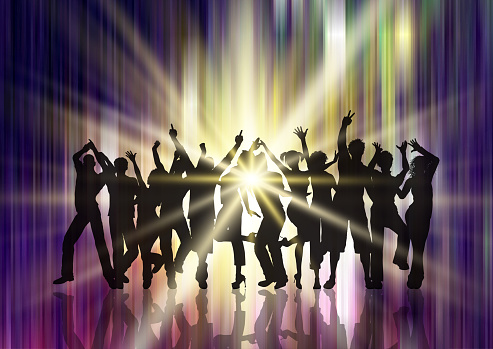 Silhouette of a party crowd on a starburst background