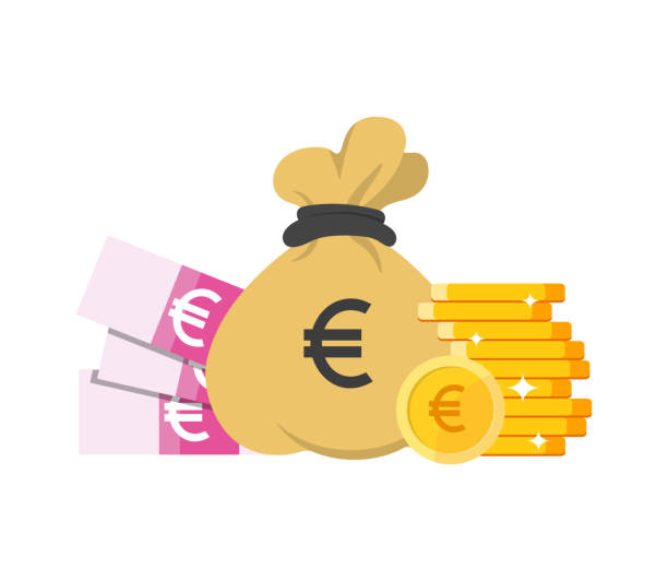 Money bag with euro bills and sign. Golden coins. Vector money illustration Money bag with euro bills and sign. Golden coins. Vector money illustration euro sign stock illustrations