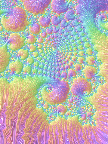 Abstract Coral Reef Colorful Nautilus Shell Sea Swirl Pattern Pastel Rainbow Scallop Seahorse Cute Curled Up Growth Mandala Ammonite Fossil Texture Prism Wave Striped Background Fractal Fine Art Fantasy Backdrop for presentation, flyer, card, poster, brochure, banner