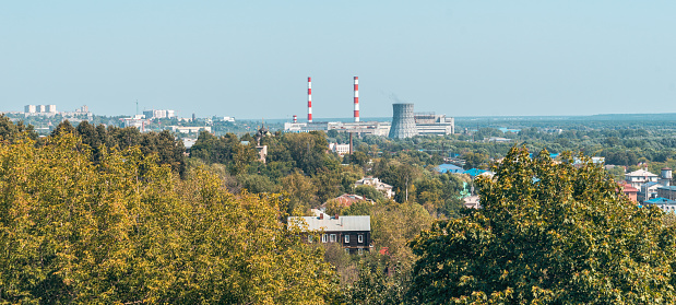 Vladimir Central Heating and Power Plant Station. Panoramic view from the high on Smokestacks on horizon