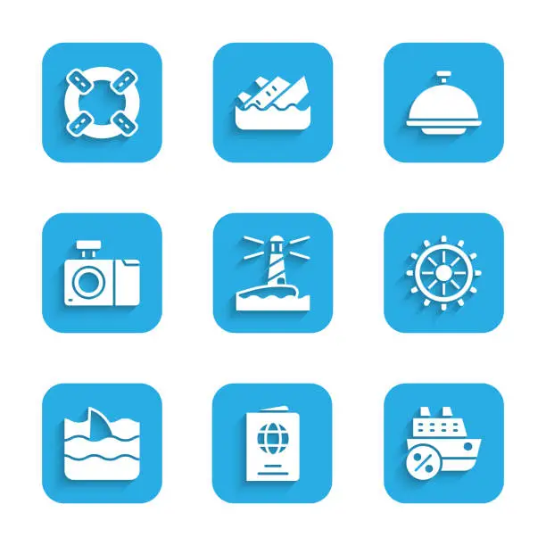 Vector illustration of Set Lighthouse, Passport, Cruise ship, Ship steering wheel, Shark fin ocean wave, Photo camera, Covered with tray and Lifebuoy icon. Vector