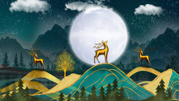 istock 3d modern art mural wallpaper.
night landscape with dark blue forest dark blue background colorful christmas tree, mountain, feather, moon, golden deer and gold waves .for use as a frame on walls . 1336113470