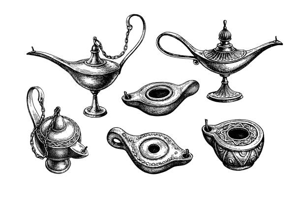 Antique oil lamps. Antique oil lamps. Ink sketch set isolated on white background. Hand drawn vector illustration. Vintage style stroke drawing. old oil lamp stock illustrations