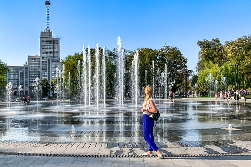Kharkiv, Ukraine - September 17, 2020: view of  modern square with fountain in city center