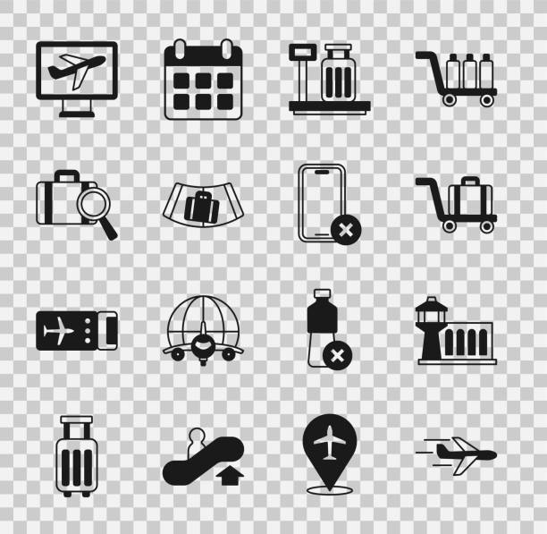 stockillustraties, clipart, cartoons en iconen met set plane, airport control tower, trolley baggage, scale with suitcase, conveyor belt, lost, and no cell phone icon. vector - lost phone