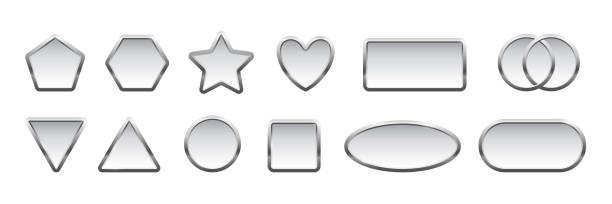 ilustrações de stock, clip art, desenhos animados e ícones de silver badges different shapes set. metal banners, icons, emblems design vector illustration. glossy square, triangle, oval, heart, rectangle, star, circle signs with frames on white background - shape rectangle chrome interface icons