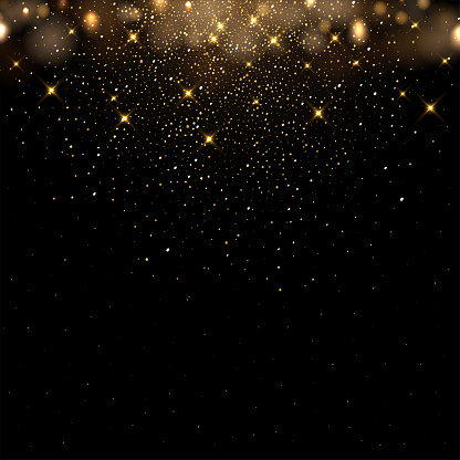 Golden glitter and sparkles on dark background. Yellow flakes in shiny light vector illustration. Bright dust sparkling on black wallpaper design. Christmas or holiday card decoration