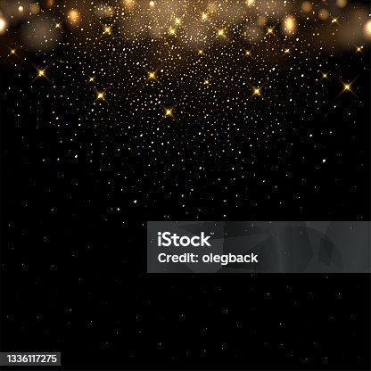 istock Golden glitter and sparkles on dark background. Yellow flakes in shiny light vector illustration. Bright dust sparkling on black wallpaper design. Christmas or holiday card decoration 1336117275