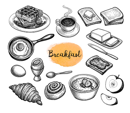 Breakfast meal. Big collection of ink sketches isolated on white background. Hand drawn vector illustration. Vintage style stroke drawing.