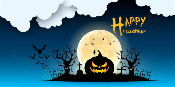 istock Happy Halloween banner or party invitation background with night clouds and pumpkins style. Vector illustration. Full moon in the sky, spiders web and flying bats. Place for text 1336117969