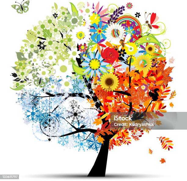 Four Seasons Spring Summer Autumn Winter Art Tree Beautiful Stock Illustration - Download Image Now