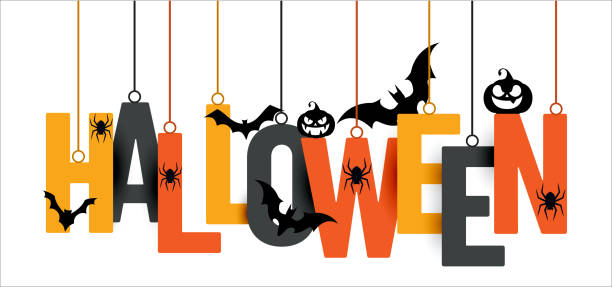 illustrazioni stock, clip art, cartoni animati e icone di tendenza di halloween lettere appese con pipistrelli, zucca e ragno - halloween