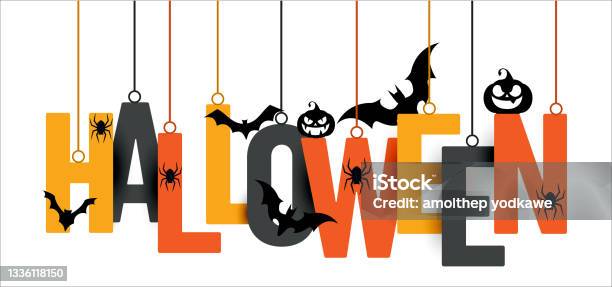 Halloween Hanging Letters With Bats Pumpkin And Spider - Arte vetorial de stock e mais imagens de Dia das Bruxas