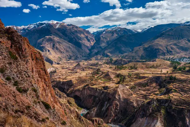 Colca Canyon is a canyon of the Colca River in southern Peru. It is located about 100 miles (160 kilometers) northwest of Arequipa. It is more than twice as deep as the Grand Canyon in the United States at 4,160 m. However, the canyon's walls are not as vertical as those of the Grand Canyon. The Colca Valley is a colorful Andean valley with towns founded in Spanish Colonial times and formerly inhabited by the Collaguas and the Cabanas. The local people still maintain ancestral traditions and continue to cultivate the pre-Inca stepped terraces.
