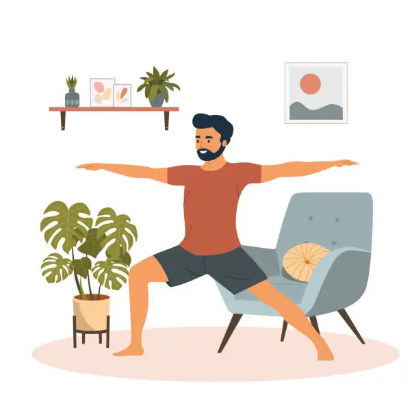 Vector illustration of Young man in yoga  pose in the living room. Vector cartoon flat style illustration