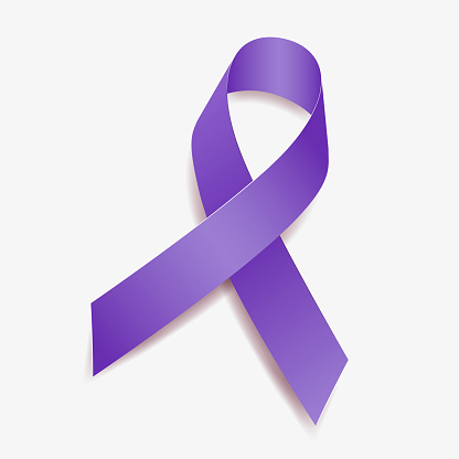 Purple ribbon awareness Alzheimer's Disease, Chronic Pain, Cystic Fibrosis, Domestic Violence, Epilepsy, Pancreatic Cancer. Isolated on white background. Vector illustration.