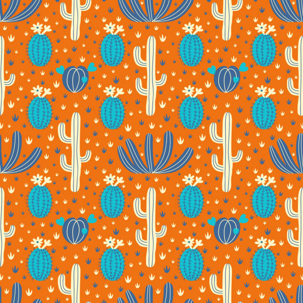 illustrations, cliparts, dessins animés et icônes de succulent motif ornemental bleu orangé sans couture - southwest usa floral pattern textile textured