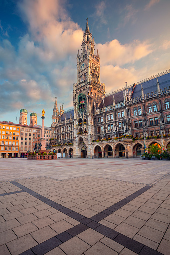 Cityscape image of Marien Square in Munich, Bavaria, Germany at summer sunrise.