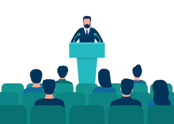 Vector illustration of Lector man in suit speech behind podium on conference with audience in hall. Speaker on tribune by leader, businessman, teacher talking before of people spectators. People audience back view. Vector