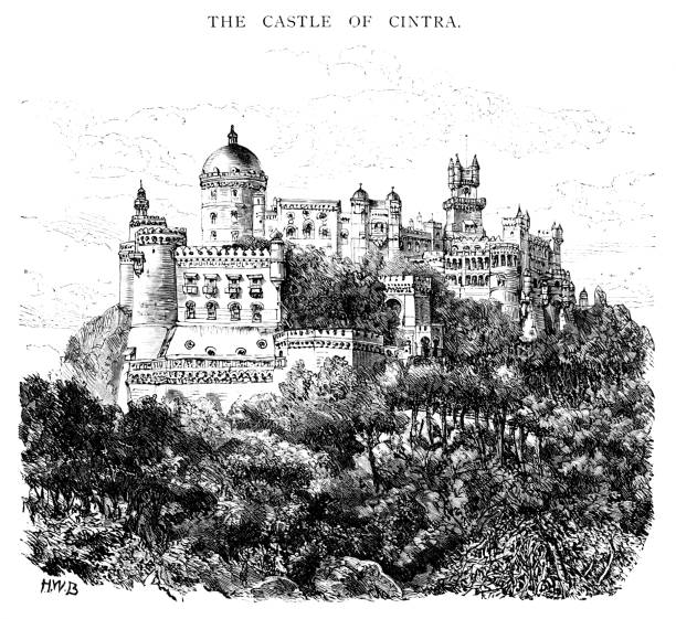 The Castle of Cintra, Portugal The Palácio da Pena, a Romanticist castle in Sao Pedro de Penaferrim in the Sintra (Cintra in the illustration) Mountains above the town of Sintra in Portugal. It is a UNESCO World Heritage Site. An engraving from “The Girls’ Own Paper”, a bound collection of monthly magazines for 1896-97 with work by various artists. The magazine was edited by Charles Peters and published by the Religious Tract Society, London. pena palace stock illustrations