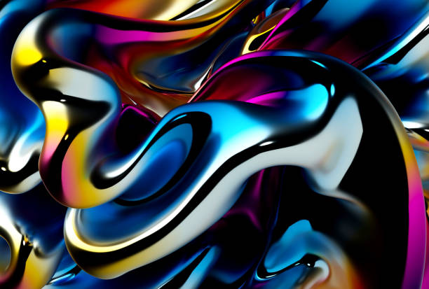 render 3d de arte abstracto fondo 3d con parte de cortinas brillantes de lámina surrealista con muchos reflejos de efecto espejo en curva líneas de elegancia onduladas formas en azul púrpura blanco y amarillo color degradado - chrome fotografías e imágenes de stock