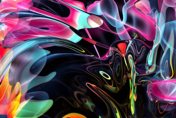 istock 3d render of abstract art 3d background with part surreal drape in curve wavy spiral organic lines forms in transparent plastic material with neon glowing blue green and purple gradient color light on black 1336129593