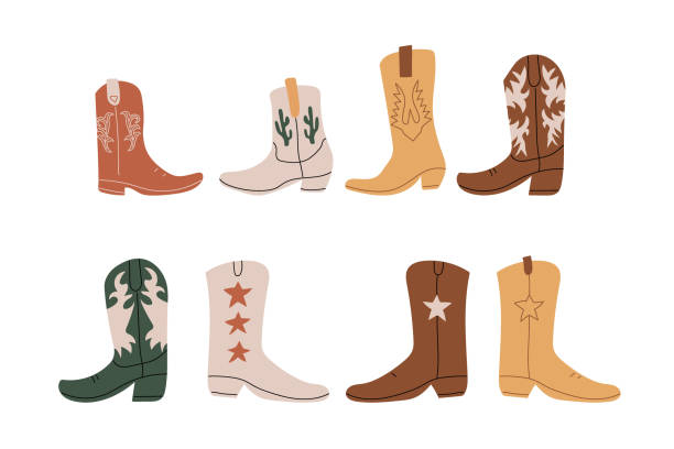 сowboy boots with ornament.  wild west theme. hand drawn colored trendy vector isolated illustration. - teksas illüstrasyonlar stock illustrations