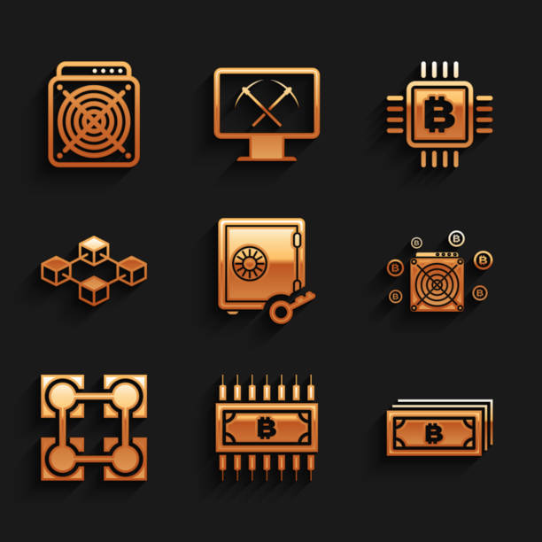 istock Set Proof of stake, Cryptocurrency bitcoin with circuit, , ASIC Miner, Blockchain technology and icon. Vector 1336130899