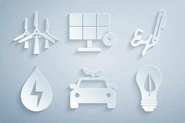 ilustrações, clipart, desenhos animados e ícones de defina unidade conceito de carro eco, assinatura, energia da água, lâmpada com folha, painel solar e ícone de turbinas eólicas. vetor - drop solar panel symbol leaf