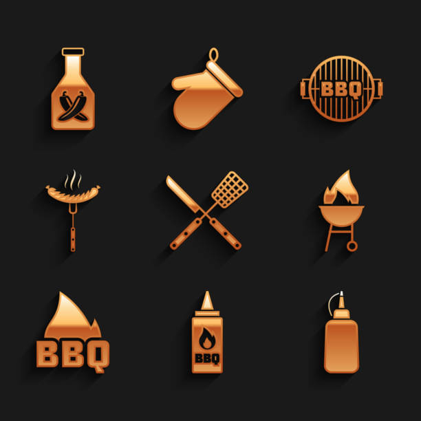 ilustraciones, imágenes clip art, dibujos animados e iconos de stock de set cuchillo cruzado y espátula, botella de ketchup, mostaza, parrilla de barbacoa, llama de fuego, salchicha en el tenedor e icono. vector - party barbecue grill burning healthcare and medicine