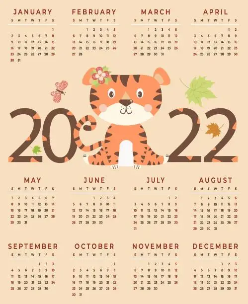 Vector illustration of Tiger calendar for 2022. Calendar with cute animal. The tiger is the symbol of the new year 2022. Vector illustration. 12 months vertical calendar template in English. Week starts on Sunday. A3 format