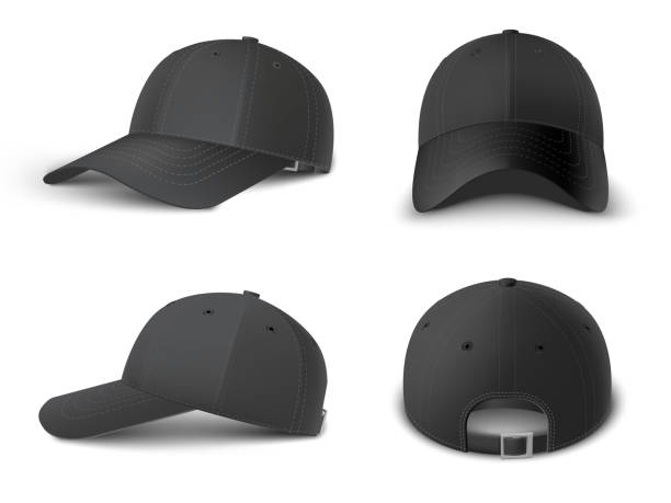 realistyczna czarna makieta czapki, realistyczne 3d. szablon kapelusza pustego.  czapki z czarnej daszka, zestaw makiet wektorowych. - baseball cap cap vector symbol stock illustrations