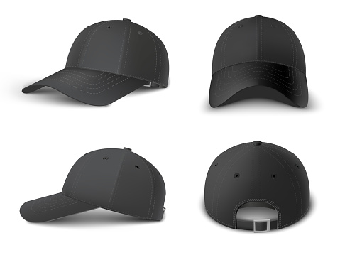 Realistic Black cap Mockup, realistic 3D. Hat blank template.  Black Baseball caps, vector mockup  set. Collection of modern trendy fashion accessories, headwear, headdress