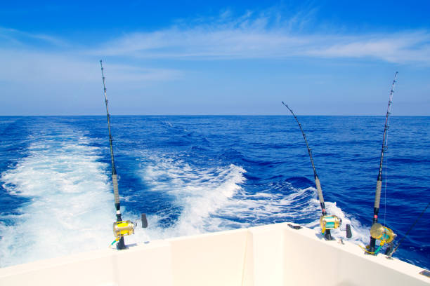 boat fishing trolling in deep blue sea boat fishing trolling in deep blue sea with rods and reels fishing industry stock pictures, royalty-free photos & images