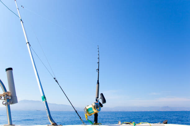 fishing boat trolling with outrigger gear fishing boat trolling with outrigger gear and golden reel rod outrigger stock pictures, royalty-free photos & images