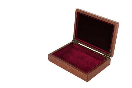 Empty Open wooden jewelry box with velvet lining and vintage accessories and Clipping Pathon white background. used for storing small things, Luxury packaging for anything.