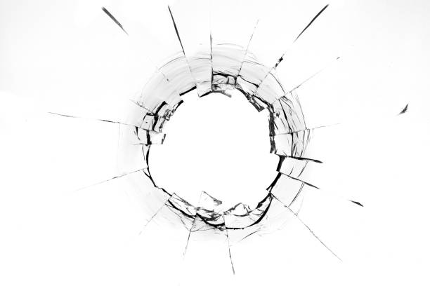 Collage Hole from a ball in the glass, cracks on a white background