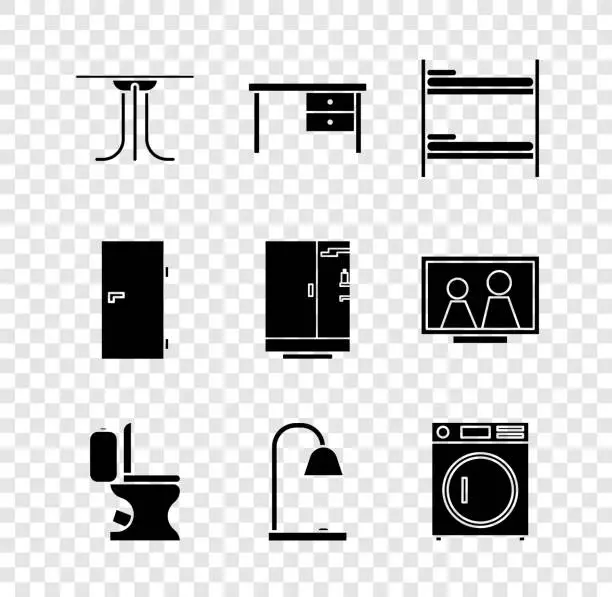 Vector illustration of Set Round table, Office desk, Bunk bed, Toilet bowl, Table lamp, Washer, Closed door and Shower cabin icon. Vector