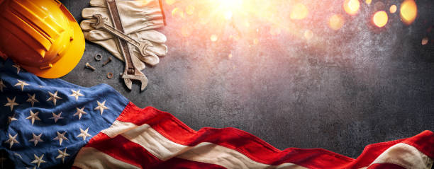 Labor Day - National Holiday - Helmet And Tools With American Flag Labor Day - National Holiday - Construction Tools And Usa Flag On Black Steel labor day stock pictures, royalty-free photos & images