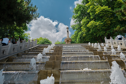 24.07.2021. Konya Turkey  Fountain architectural in Konya Alaaddin hills in center of Konya with monument of martyrs