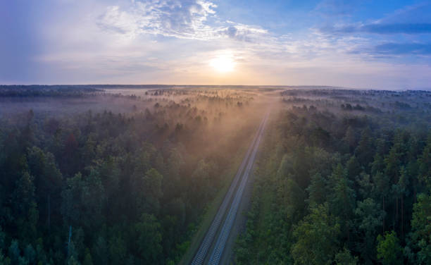 istock Dawn over the forest through which the railway line runs. 1336137371