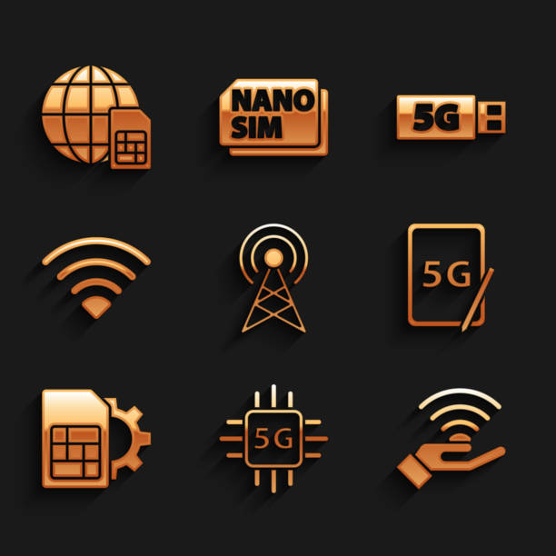 ilustrações, clipart, desenhos animados e ícones de definir antena, processador 5g, rede, tablet gráfico com, configuração de cartão sim, wi-fi sem fio, modem e ícone globe card. vetor - pill computer telephone cpu