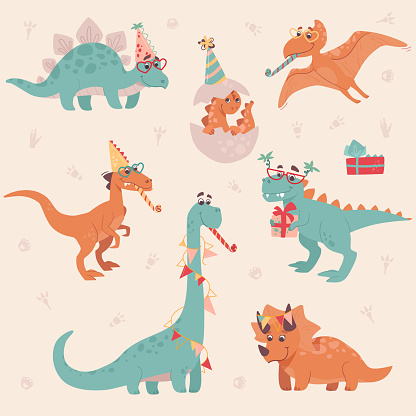 Dinosaur birthday party. Stegosaurus, Triceratops, Brachiosaurus, Brontosaurus, Velociraptor, Pteranodon, Tyrannosaurus Rex, Egg. Dinosaurs are smiling, celebration and fun. Festive Vector set