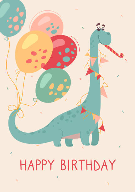istock Funny brontosaurus on a greeting card. Dino plays a festive melody. Feast of dinosaurs, buntings and balloons. Funny childrens vector postcard, beige background 1336139540