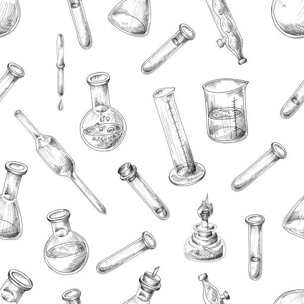 Vector illustration of seamless pattern with chemical glassware for laboratory on white background. Sketch of background with test tube, flask, beaker with pipette and spirit burner. Vector illustration of seamless pattern with chemical glassware for laboratory on white background. Sketch of background with test tube, flask, beaker with pipette and spirit burner. Elements for school or scientific laboratory. flask funnel stock illustrations