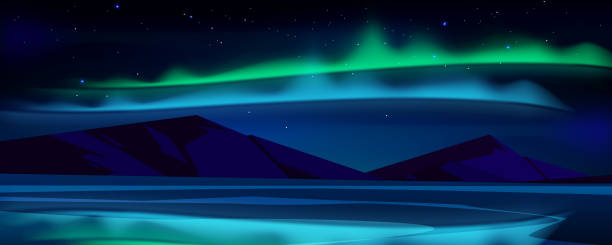 Night landscape with aurora borealis in sky Night landscape with aurora borealis in sky, lake and mountains on horizon. Vector cartoon illustration of green and blue northern lights and stars in winter sky above arctic sea alaska northern lights stock illustrations
