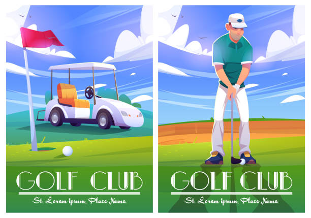 golfclubplakate mit grünem platz, cart, spieler - golf golf club golf swing tee stock-grafiken, -clipart, -cartoons und -symbole