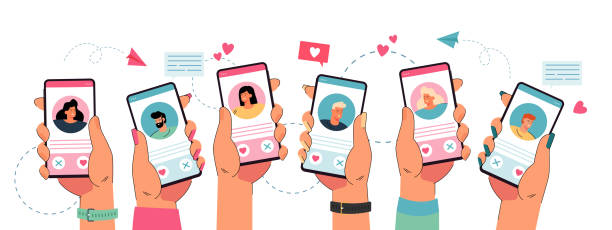 Hands holding phone with dating app Hands holding phone with dating app. Young people liking profiles in online application flat vector illustration. Relationship, love, technology, romance concept for website design or landing web page flirting stock illustrations